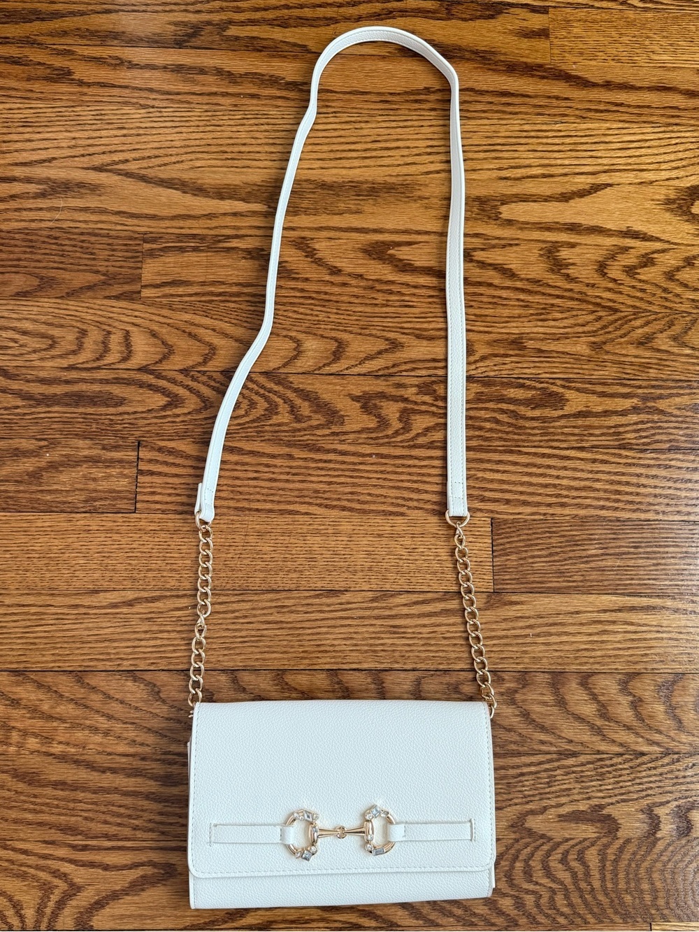 Anne Klein White Pebble Faux Leather Crystal Gold Crossbody Clutch Bag Like New - Picture 2 of 8